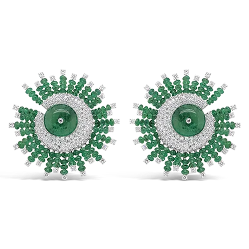 ladies earrings enamel detailing -Emerald & Diamond Starburst Earrings