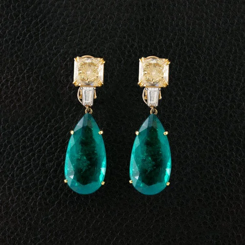 ladies silver earrings agate stones -Emerald & Yellow Diamond Drop Earrings