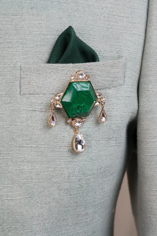 boho chic brooch for women -Emerald Hexagon Resin & Crystal Brooch