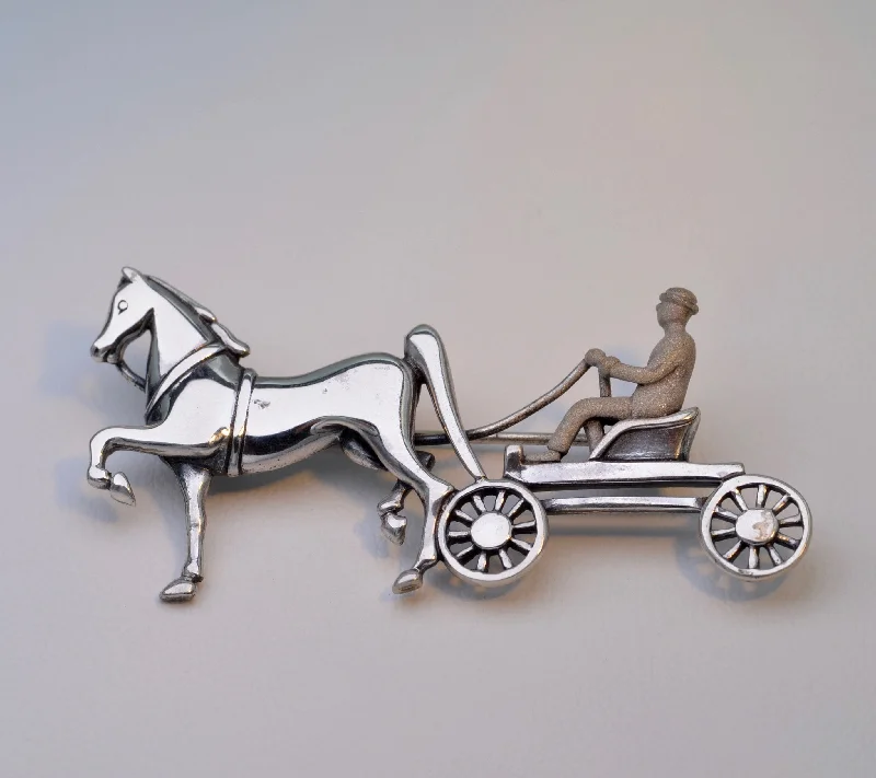 gold flower design brooch for women -Sterling Silver Horse and Carriage Brooch