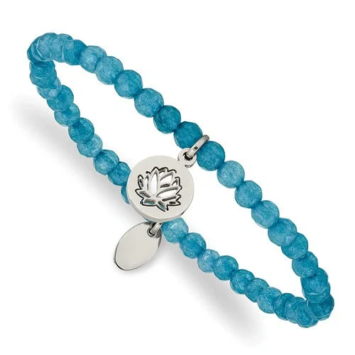 Ladies mighty elephant bracelets -Stainless Steel Lotus Charm Blue Jade Beaded Stretch Bracelet