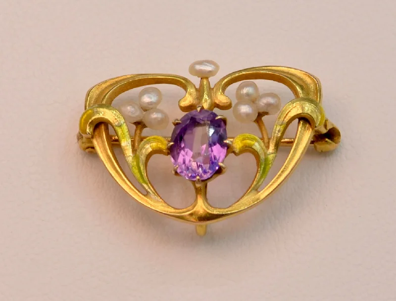 mixed metal brooch for women -14K Art Nouveau Multi-Color Enamel with Amethyst Brooch