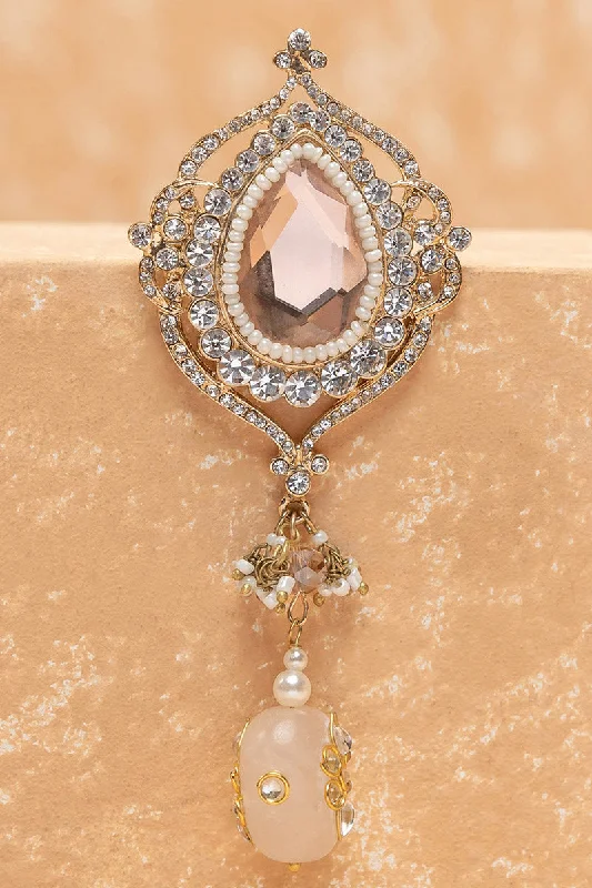 brushed gold brooch for women -Oval Crystal Brooch with Peach Drop