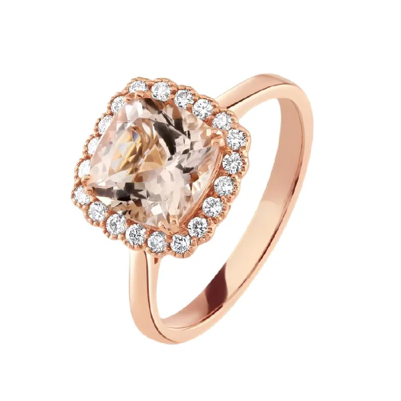 ladies gold rings owl designs -18ct Rose Gold Morganite & Diamond Cushion Cluster Ring