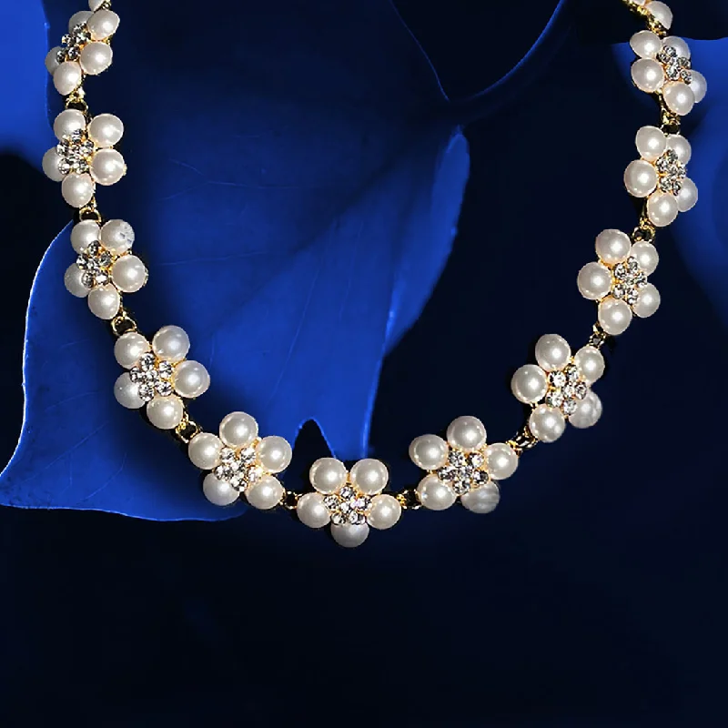 Ladies bright white gold necklaces -Faux Pearl and Crystal Flower Necklace