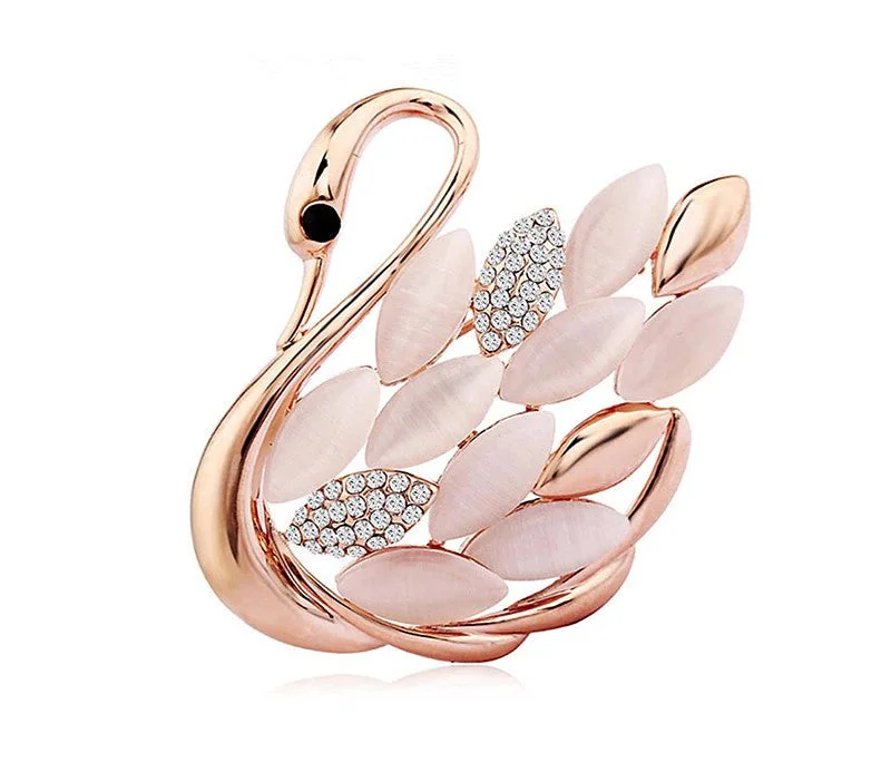 long brooch for women statement -Rose Gold Swan Brooch Rhinestone Crystal BR-02