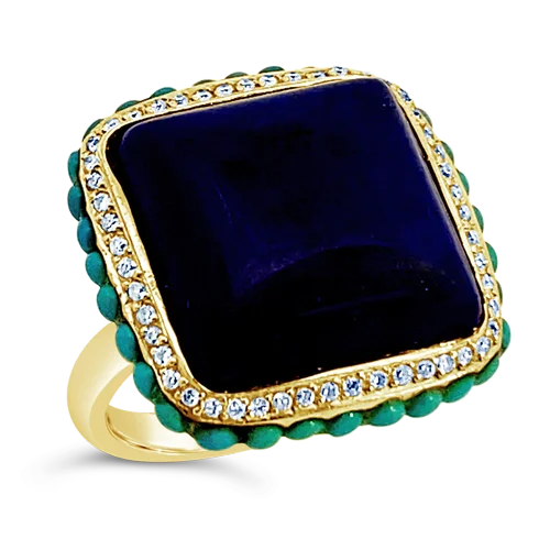 ladies braided rings stylish -Lapis, Turquoise & Diamond Ring