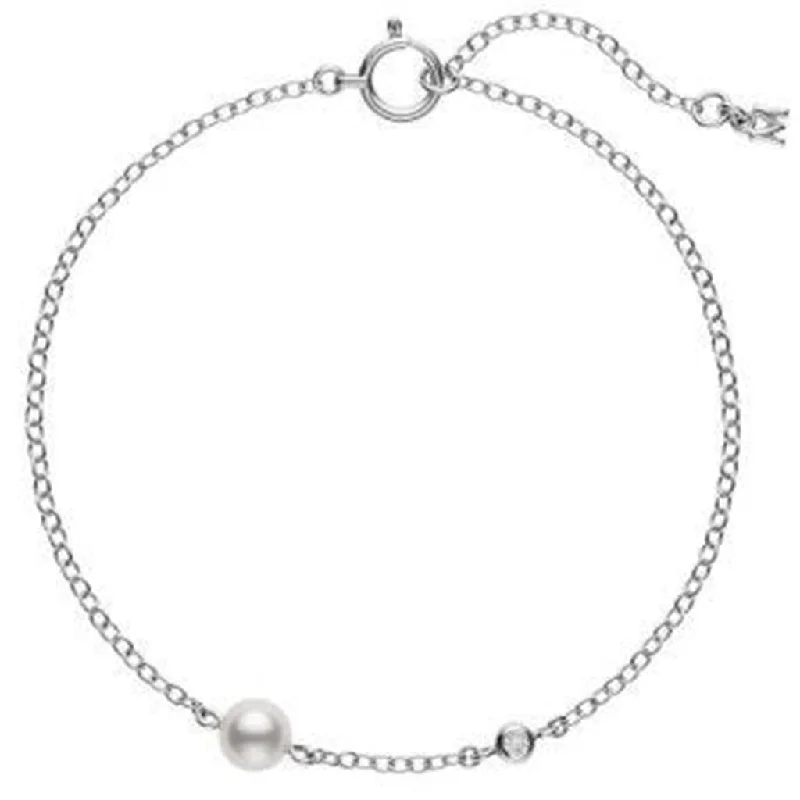 Ladies street sleek bracelets -Mikimoto Akoya Cultured Pearl and Diamond Station Bracelet in 18K White Gold