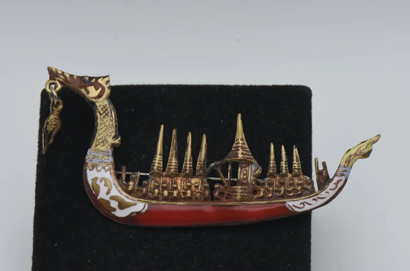 ladies gem brooch love themes -Vintage Siamese Dragon Boat Brooch