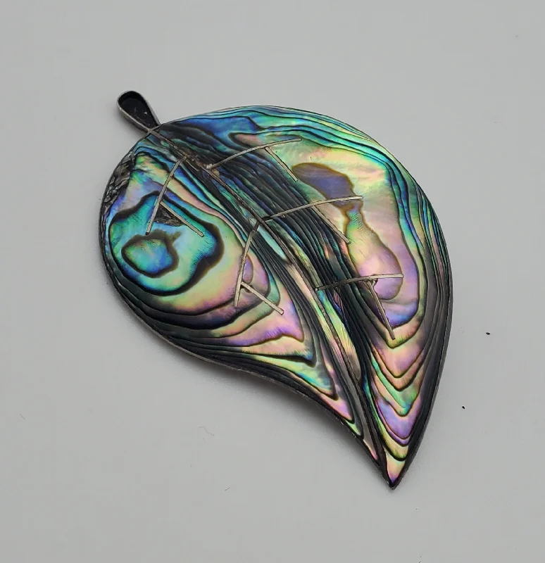 dotted pattern brooch for women -Beautiful Vintage Handmade Abalone Shell Sterling Silver Leaf Brooch