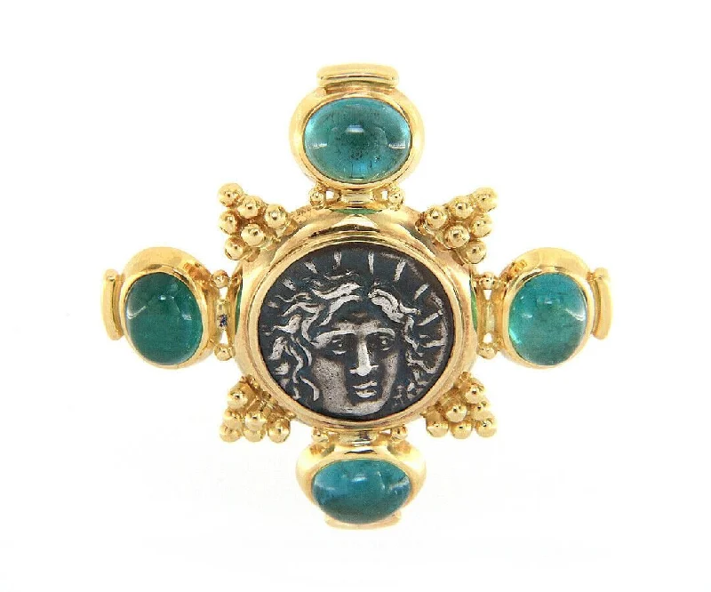 ladies gold brooch tree motifs -Elizabeth Gage Ancient Coin and Aquamarine Cabochon Brooch in 18K w/ Box