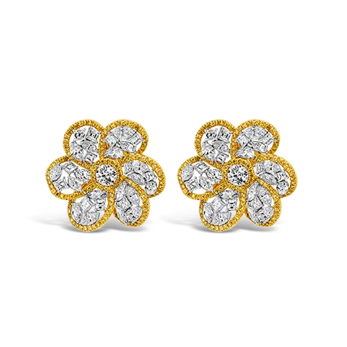 ladies gold earrings rabbit motifs -Yellow & White Diamond Flower Earrings