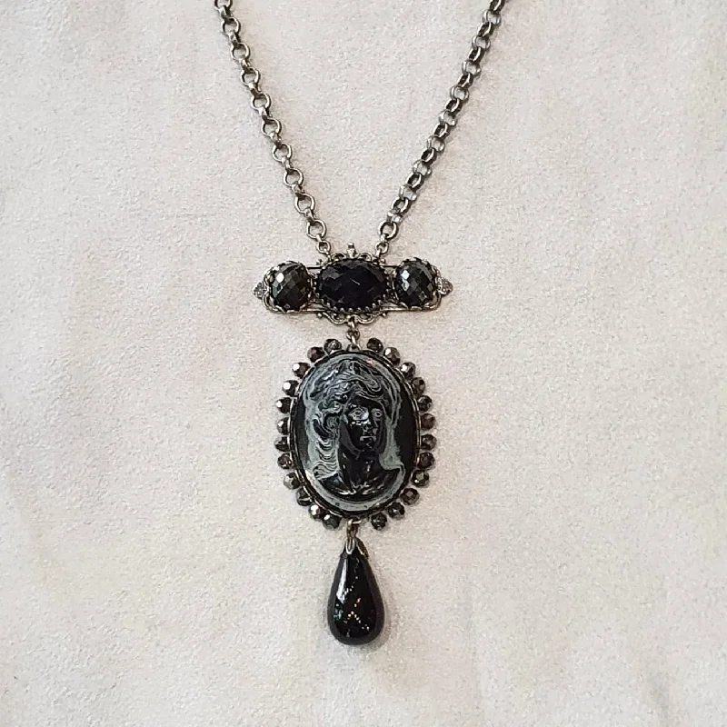 Ladies endless infinity necklaces -Askew London Black Glass Cameo pendant necklace  Silver Chain Signed