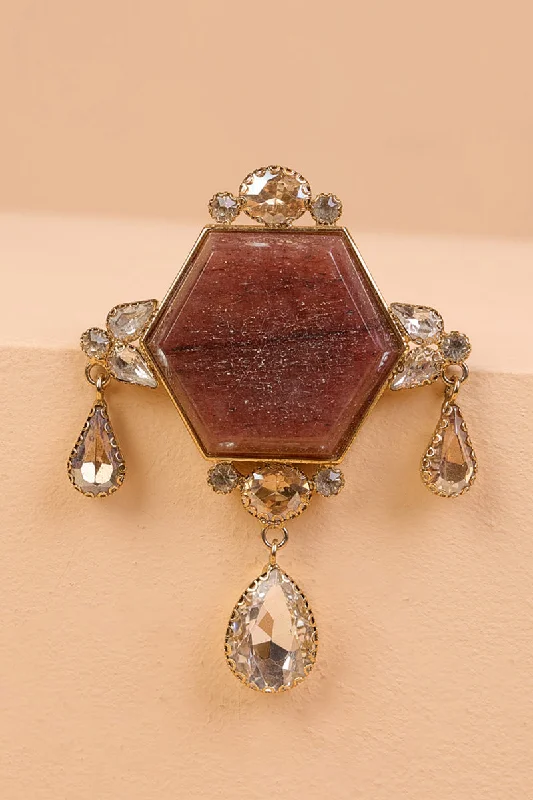 ladies brooch sunburst designs -Brown Resin Stone Brooch With Drop Crystals