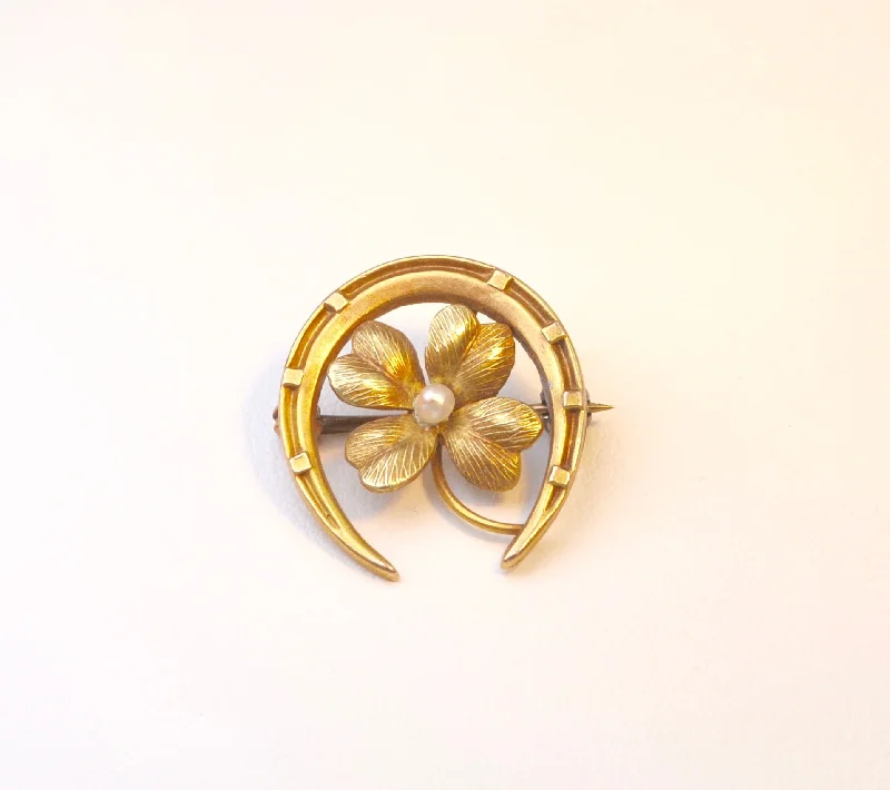 rose gold initial brooch for women -14K Antique Horseshoe and Four-Leaf Clover Brooch with Seed Pearl