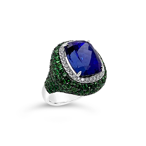 silver moonstone rings for women -Tanzanite, Tsavorite & Diamond Ring