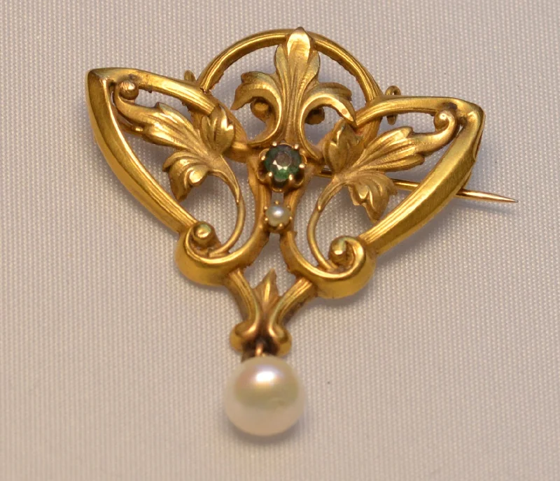 ladies rose gold brooch bar accents -14K yellow gold Art Nouveau Brooch with one center Emerald and one pearl drop