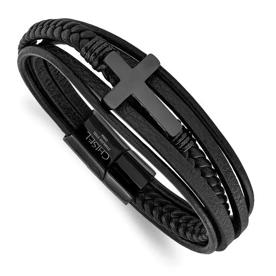 Ladies town sparkle bracelets -Stainless Steel Black IP-plated Cross Leather Multi Strand 8.75 inch Bracelet