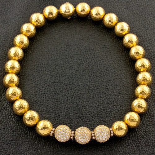 Ladies thin titanium necklaces -Gold & Diamond Hammered Ball Estate Necklace