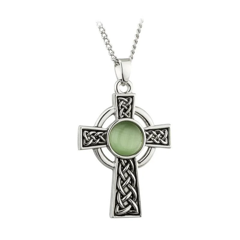 Ladies sapphire gleam necklaces -Rhodium Green Celtic Cross Necklace