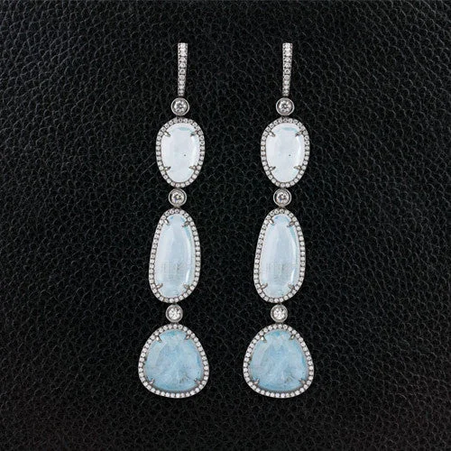 floral drop earrings for women -Aquamarine Slices with Diamonds Dangle Earrings