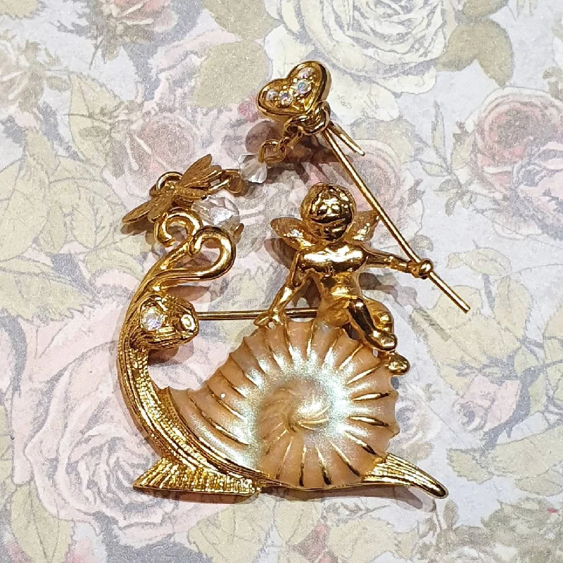 gold spiral brooch for women -Kirks Folly Brooch Angel Cupid Snail  Dragonfly Vintage