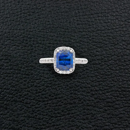 ladies silver rings turquoise accents -Sapphire Engagement Ring with Diamond Halo