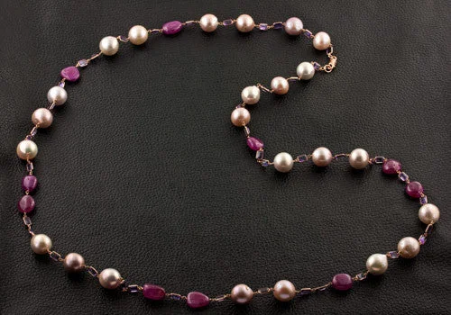 Ladies sapphire gleam necklaces -Pearl, Ruby & Amethyst Necklace