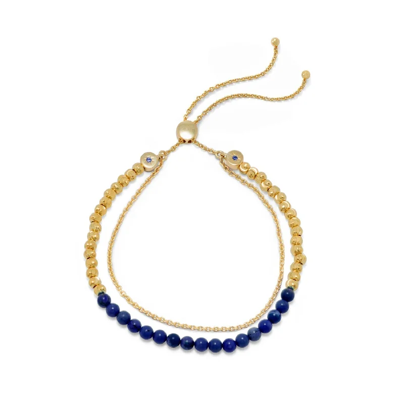 Ladies graceful bangle bracelets -18k Gold Plated Sterling Silver Double Strand Lapis Bead Bracelet Bolo Bracelet