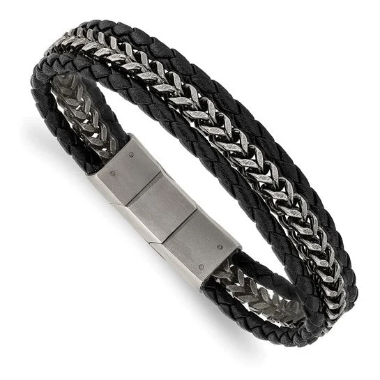 Ladies sun glow bracelets -Stainless Steel Multi Strand Chain and Black Leather 8.25" Bracelet with Extension