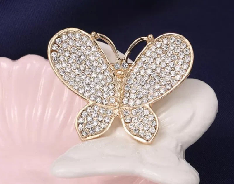 ladies leather brooch with charms -Gold Silver Rhinestone Butterfly Brooch BR-652