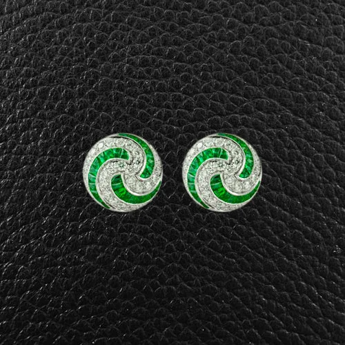 silver earrings for women floral motifs -Emerald & Diamond Swirl Earrings