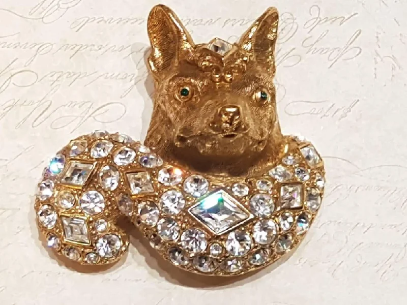 minimalist link brooch for women -Christian Dior Fox Brooch Vintage Large Gold Crystal Statement