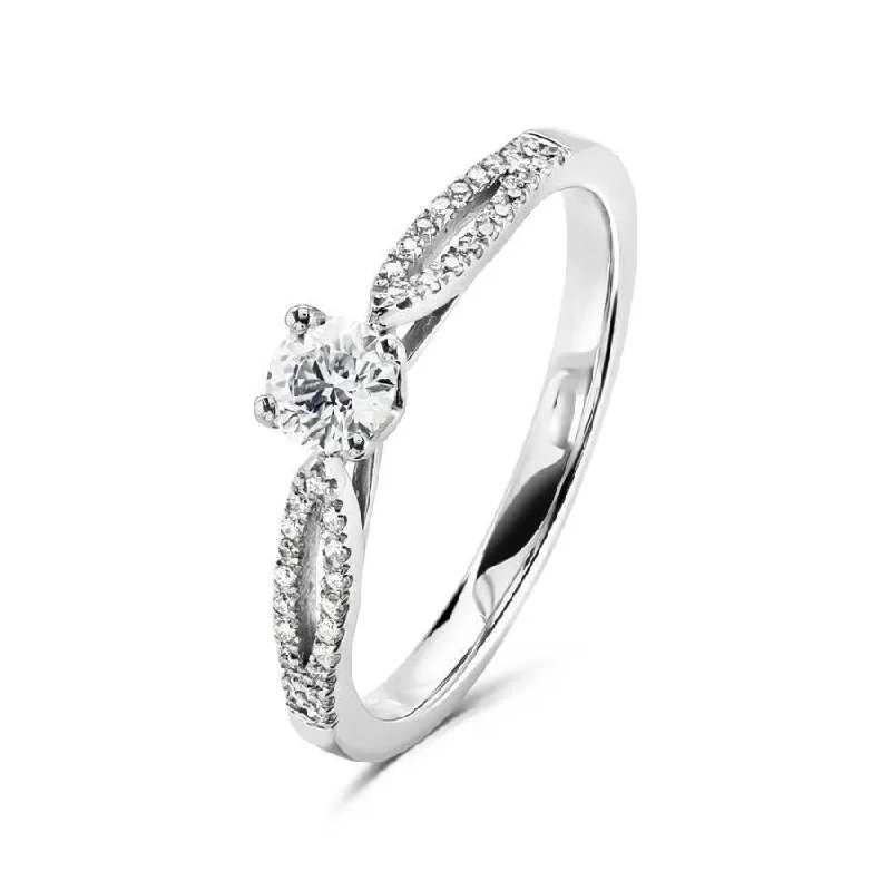 silver floral rings for women -Platinum 4 claw set round brilliant cut Diamond solitaire ring with split claw set Diamond shoulders