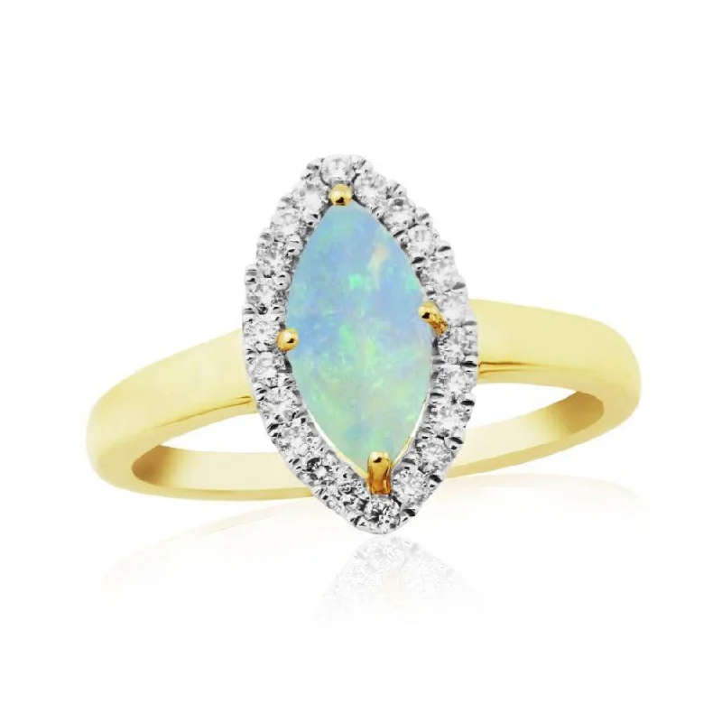 cross design rings for women -9ct Yellow Gold Marquise Cut Opal & Diamond Halo Cluster Ring