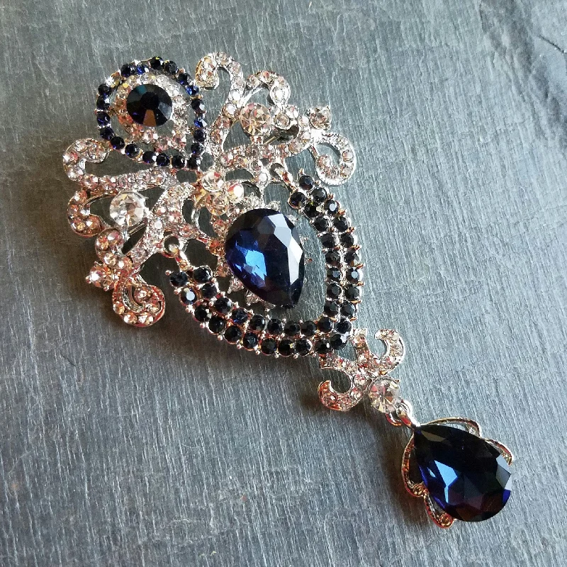 twisted design brooch for women -Dangling Dark Navy Ornate Brooch