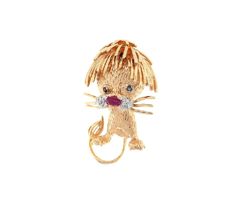 ladies gold brooch sun designs -Retro Ruby Sapphire and 0.05ctw Diamond Lion Brooch in 14K