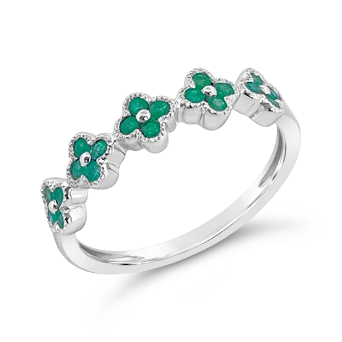 ladies rings enamel detailing -Emerald Flower/Clover Ring in White Gold