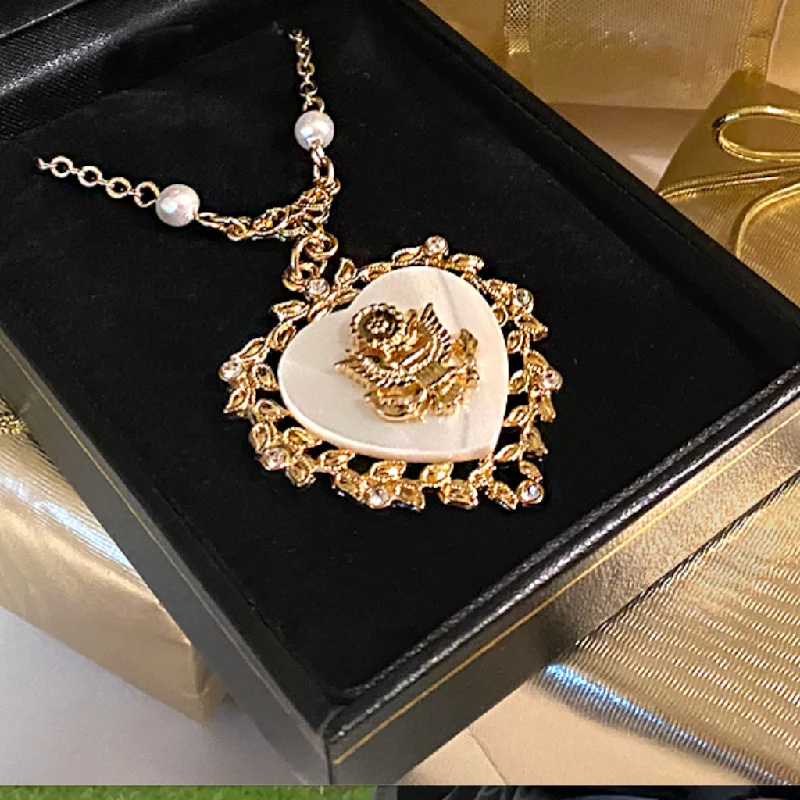 Ladies stone birth necklaces -Mother of Pearl Heart with Great Seal Necklace