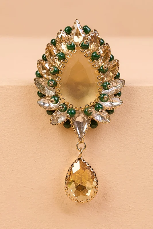 ladies gem brooch ocean themes -Gold Stone Brooch With Drop Crystals