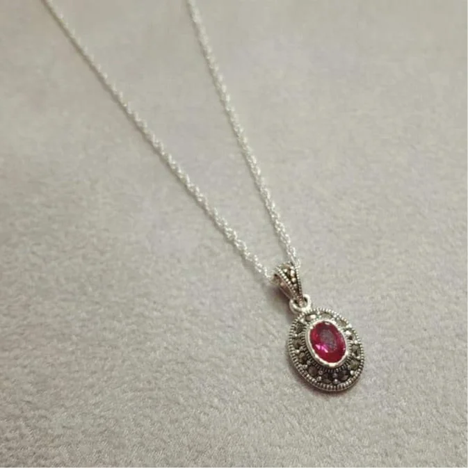 Ladies dense glow necklaces -Ruby Crystal oval  Pendant Necklace Silver Marcasite