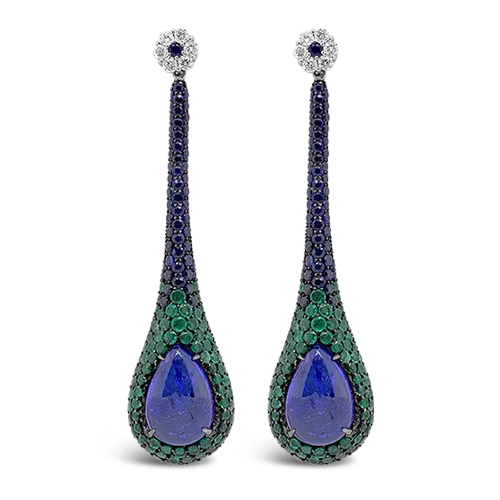 ladies rose gold earrings star design -Sapphire, Emerald & Diamond Dangle Earrings