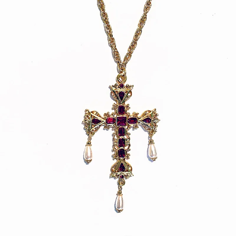 Ladies nostalgic etched necklaces -Venetian Cross Necklace with Crystals and faux Pearls