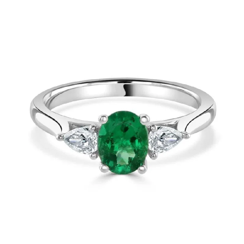 ladies gold rings horse motifs -Platinum Oval Cut Emerald & Pear Cut Diamond Trilogy Ring