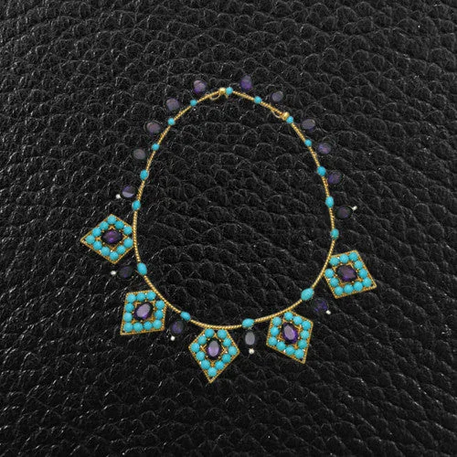 Ladies heirloom glow necklaces -Amethyst, Turquoise & Diamond Estate Necklace