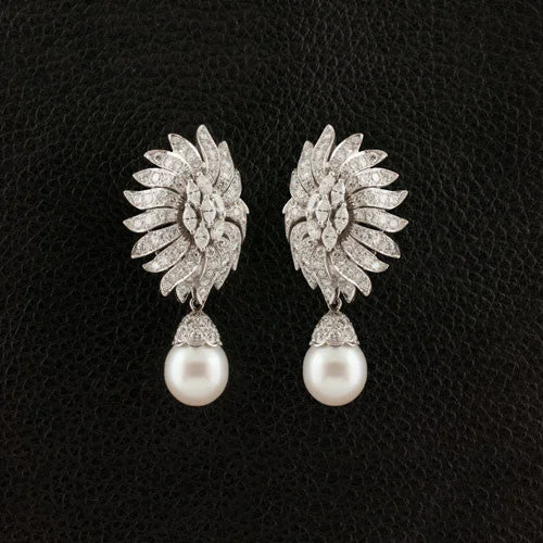 ladies earrings diamond accents -Pearl & Diamond Drop Earrings