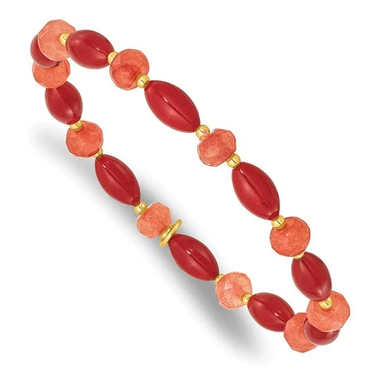 Ladies steady balance bracelets -Sterling Silver Gold-plated Coral and Jade Beaded Stretch Bracelet