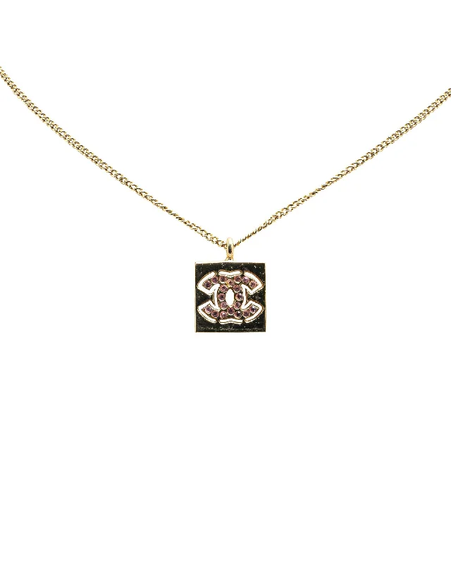 Ladies adjustable shine necklaces -Gold Plated Rhinestone Square Pendant Necklace