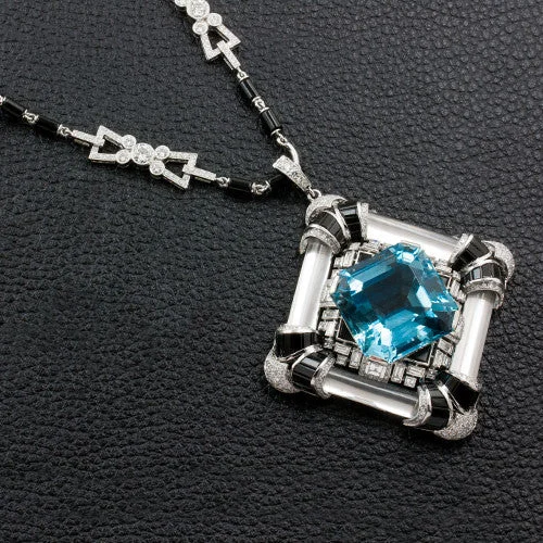 Ladies classic retro necklaces -Aquamarine Necklace with Diamonds, Onyx & Rock Crystal