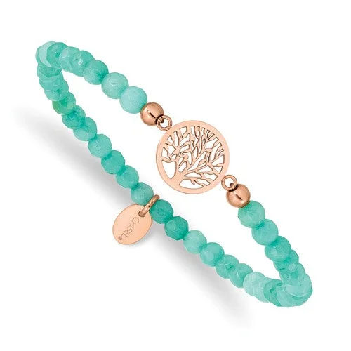 Ladies lone stone bracelets -Stainless Steel Rose Gold Tree of Life 4.2mm Mint Green Jade Stretch Bracelet